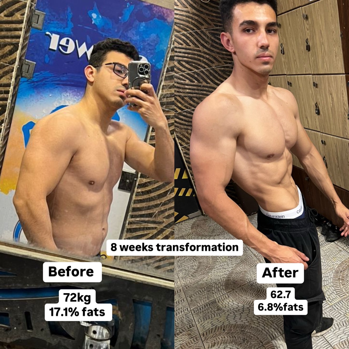 Client before and after: 72 kg at 17.1% body fat to 62.7 kg at 6.8% body fat in 8 weeks